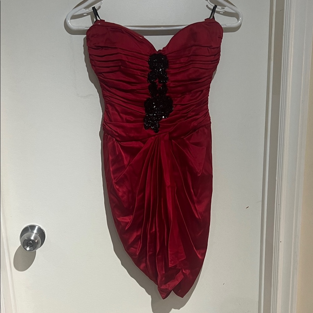 bebe Strapless Scarlet Silk Cocktail Dress with Black Bead & Sequin Accents